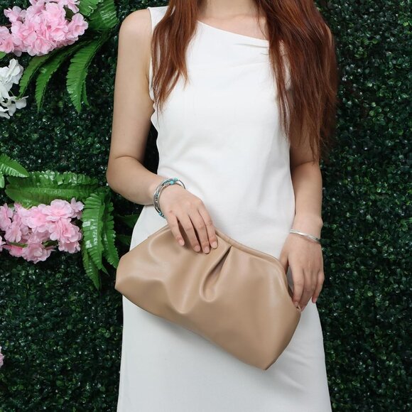 Apricot Women's PU Leather Dumpling Cloud Shape Clutch Evening Party Bag with De - Picture 7 of 9